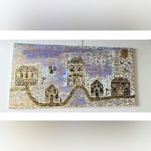 Halloween Canvas Painting Houses Ghosts Pumpkins Purple Black White Gold